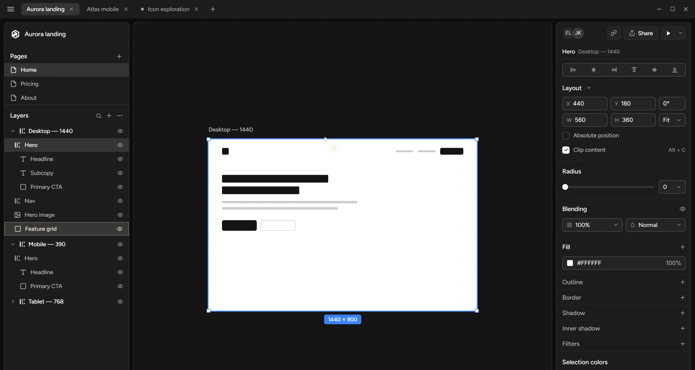 The Ink editor: a design open on the canvas, pages and layers on the left, properties on the right.